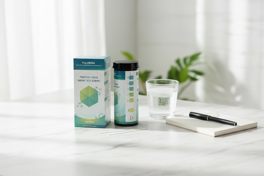 Palinoia Protein Check urine test strips bottle and box next to a glass of water