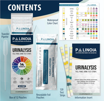14-in-1 Full Panel Urine Test Strips for Urinalysis | 120 Strips in Resealable Pouches – Test for Kidney Health, Liver Function, UTI, Ketosis, Hydration, and Protein Levels