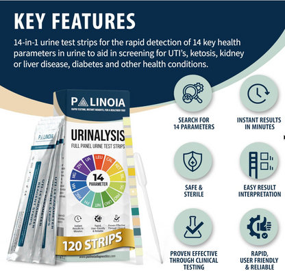 14-in-1 Full Panel Urine Test Strips for Urinalysis | 120 Strips in Resealable Pouches – Test for Kidney Health, Liver Function, UTI, Ketosis, Hydration, and Protein Levels