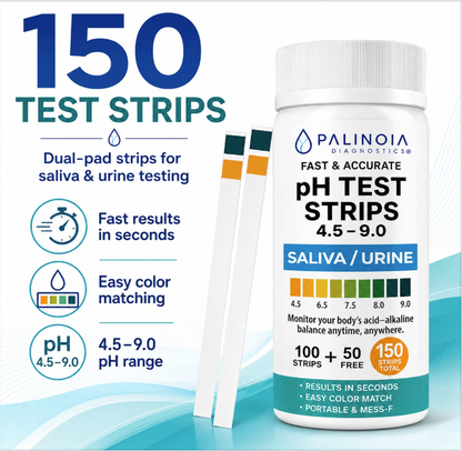 pH Test Strips for Tracking Body Acidity & Alkalinity – Fast Results Using Saliva or Urine, 150-Count Wellness Testing Kit for At-Home pH Monitoring