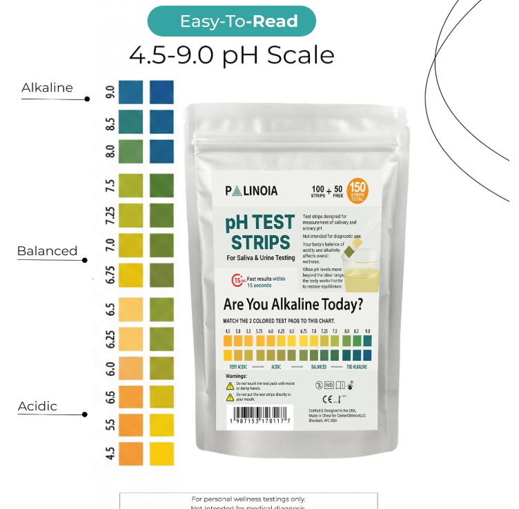 pH Test Strips for Urine and Saliva – 150 Count Acid & Alkaline Testing Kit in Resealable Pouch, Fast & Accurate 4.5–9.0 pH Range for Easy Daily Wellness Monitoring