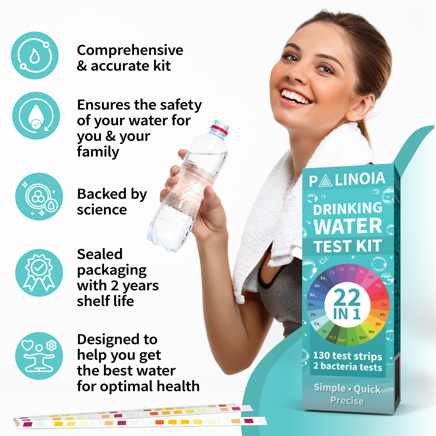 22 in 1 Drinking Water Test Kit 130 Strips - Well, Tap, Home Testing Strip for Flouride, Lead, Hardness, Chlorine, Iron, Copper & More